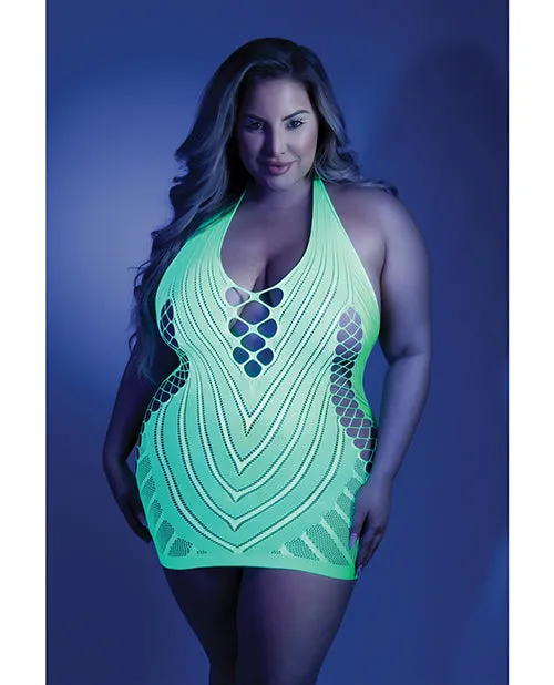 Anal Fantasy Lingerie Glow Black Light Net Halter Dress Neon Green Qn