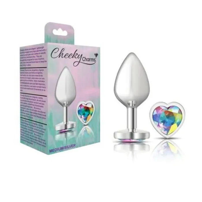 Cheeky Charms Anal Cheeky Charms Silver Metal Butt Plug w Heart Clear Jewel Medium