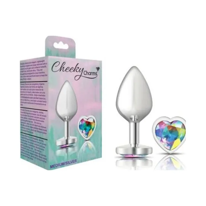 Cheeky Charms Anal Cheeky Charms Silver Metal Butt Plug w Heart Clear Jewel Medium