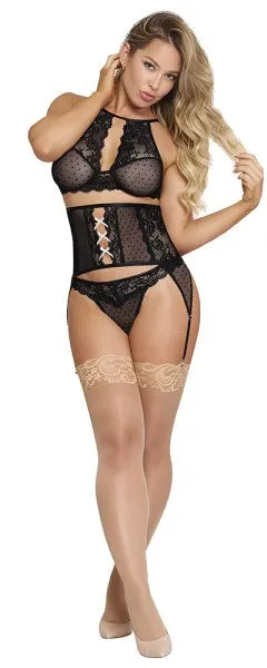 High Neck Bra Gartered Waist Cincher Thong Set Magic Silk Anal